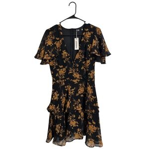 CBR Black Floral Tiered Ruffle Wrap V-Neck Mini Dress Women's Small- NWT